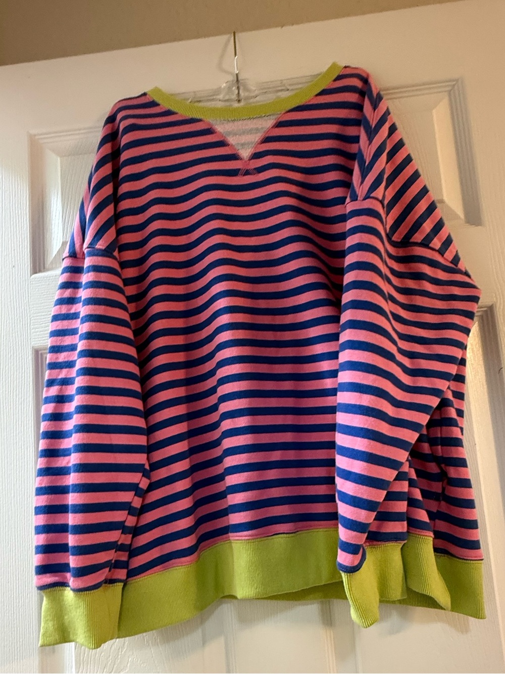 ZESICA Pink Navy Striped Oversized Crewneck Pullover Sweater L